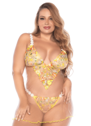 Nuisette grande taille transparente brodée jaune et string - MAL7608XSUBS